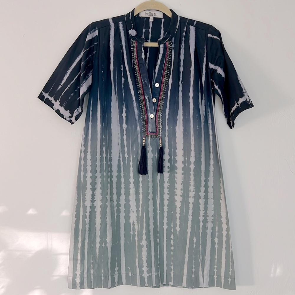 BELLA TU 100% Cotton Beaded Embroidered Shibori Tie Dye Tunic Dress with Tassels